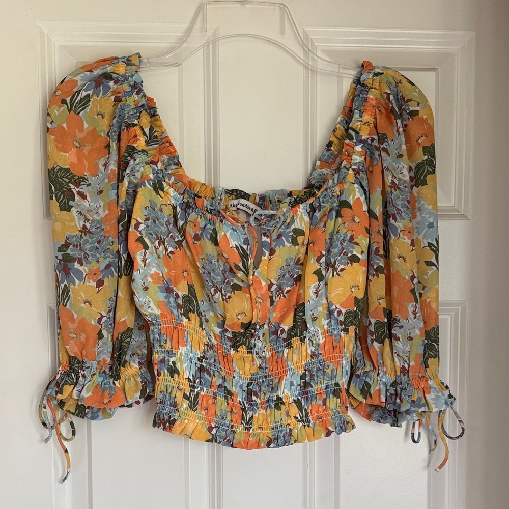 Abercrombie & Fitch Floral Puff-Sleeve Cropped Top - Orange, Yellow, Blue